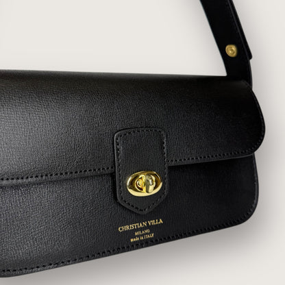 Чорна італійська шкіряна жіноча сумка Christian Villa 06105 Bag Vitello Mini Grain Nero Alaska 04121